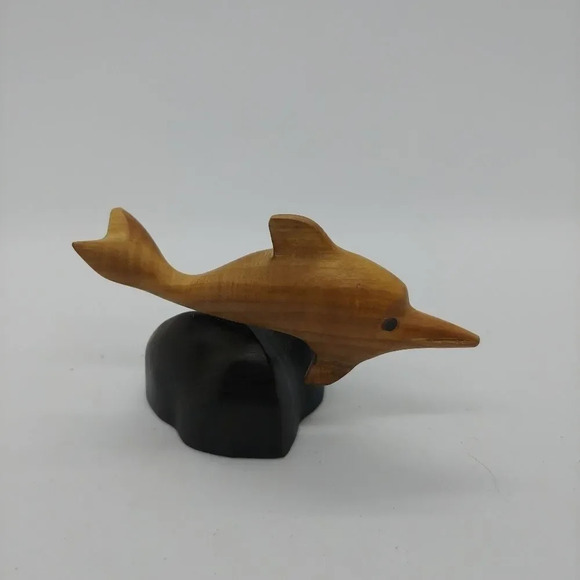Hand carved Wooden Mini Dolphin  Figurine on Base - Picture 2 of 5